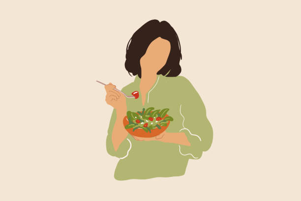 stockillustraties, clipart, cartoons en iconen met vrouw die gezonde groene salade thuis eet - woman eating