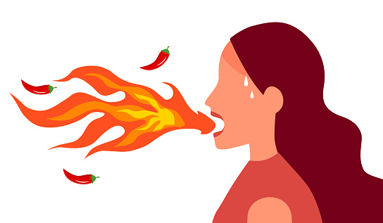 Woman eating hot spicy food concept vector illustration on white background. Red hot flame come from female mouth in flat design.