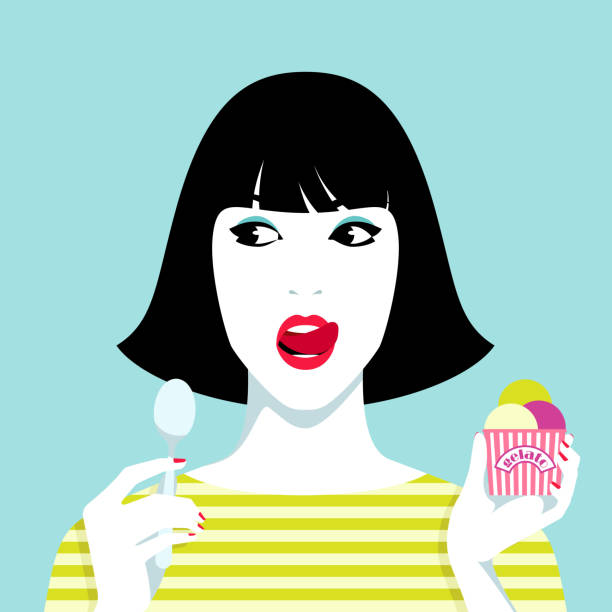 Woman eating icecream Young woman holding spoon and eating icecream, simple vector illustration bowl of ice cream stock illustrations