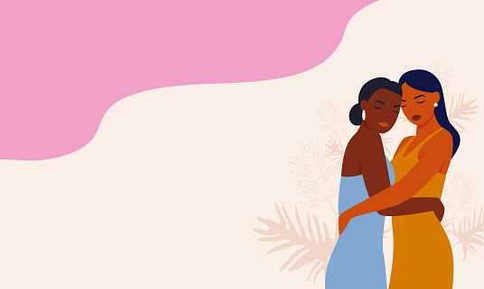 A woman embraces her friend and they look to each other. Concept of fighting for equality and female empowerment movement. Vector illustration. Two girlfriends hugging. Multi-ethnic beauty.