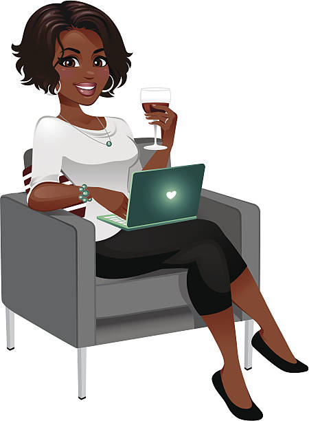 Woman Enjoying Wine with Laptop A beautiful woman sipping a glass of wine and typing on her laptop. Chair can be deleted for just the woman. Hand complete under wine glass and laptop.  heyheydesigns stock illustrations