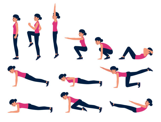 Woman exercise illustration set Cartoon woman bodyweight exercise illustration set. Fitness workout for abs, cardio, HIIT. Isolated vector clip art. mountain climber exercise stock illustrations