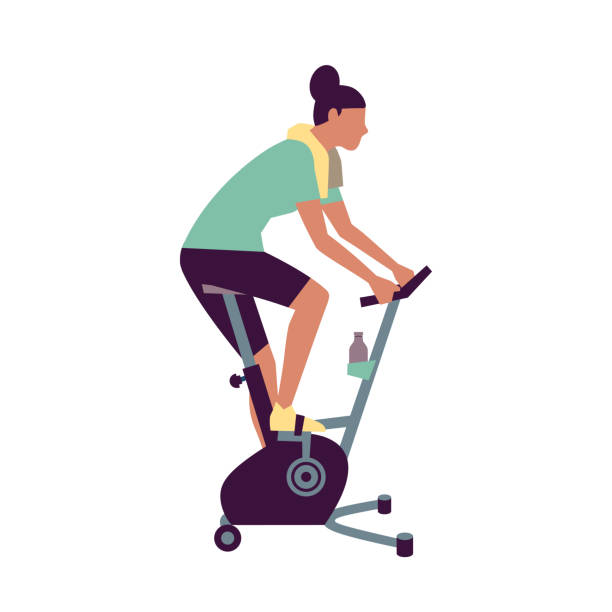 Woman exercising on stationary bicycle icon Healthy woman exercising on stationary bike flat vector icon. Workout at gym cardio fitness training equipment cartoon illustration. Riding indoors sport exercise bicycle isolated on white background peloton stock illustrations