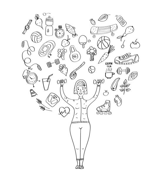 ilustraciones, imágenes clip art, dibujos animados e iconos de stock de mujer haciendo ejercicio con pesas entrenamiento con pesas pesas pérdida de elevación - mano agarrando botella de cerveza y taza