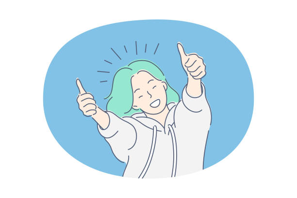 Woman expressing positive emotions concept Woman expressing positive emotions concept. Young smiling woman cartoon character feeling happy and showing thumbs up good signs with fingers, showing positive attitude and smiling vector illustration cheerful stock illustrations