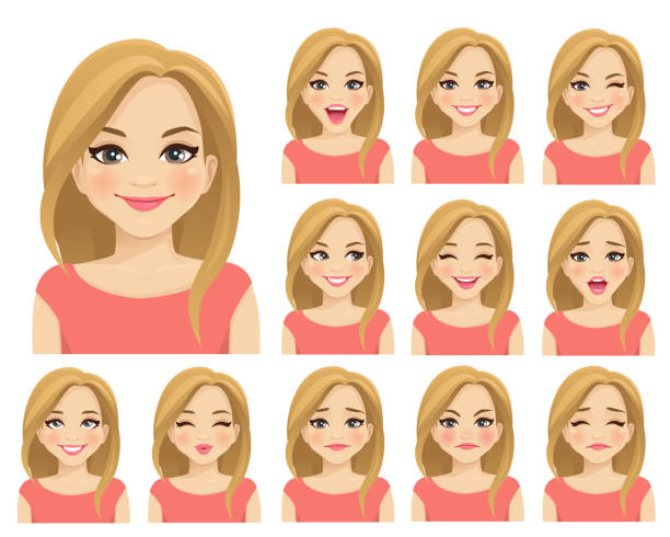 Woman expressions set Blond woman with different facial expressions set isolated blond hair stock illustrations