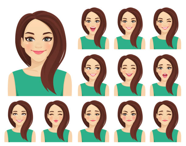 Woman expressions set Beautiful woman with different facial expressions set isolated vector illustration winking stock illustrations