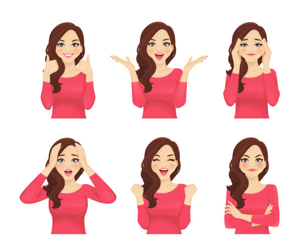 Woman expressions set Set of young beautiful woman with different emotions. Facial expression with various gestures isolated vector illustration beautiful people stock illustrations