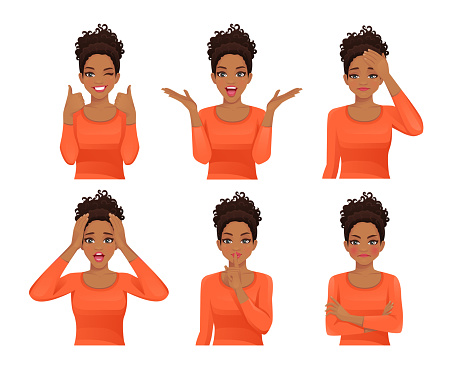 Set of young african woman with long hair. Facial expression with various gestures isolated vector illustration