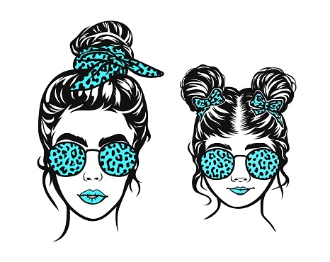 Woman face and girl face with aviator leopard glasses bandana . Messy Bun Mom Lifestyle. Messy Bun Girl Lifestyle.Vector illustration.