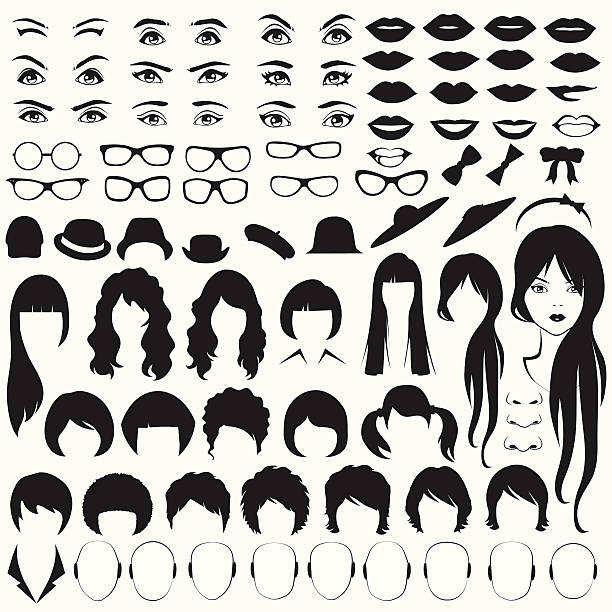 woman face parts eye, glasses, hat, lips and hair, woman face parts, head character hair stock illustrations