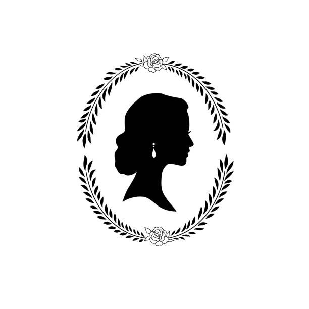 Woman face silhouette in oval floral frame. Lady profile with retro hairstyle Woman face silhouette in oval floral frame. Lady profile with retro hairstyle cameo brooch stock illustrations