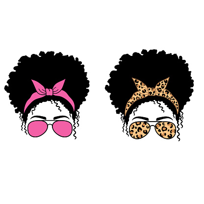 Woman face with aviator glasses bandana and leopard print. Afro Women. Messy Bun Mom Lifestyle. Vector illustration.  Isolated on white background. Good for posters, t shirts, postcards.