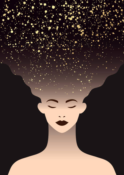 Woman face with black hair with golden glitter or stars. Girl or woman face with black hair with golden glitter or stars. Magic, dreaming or sleeping concept. sleeping patterns stock illustrations