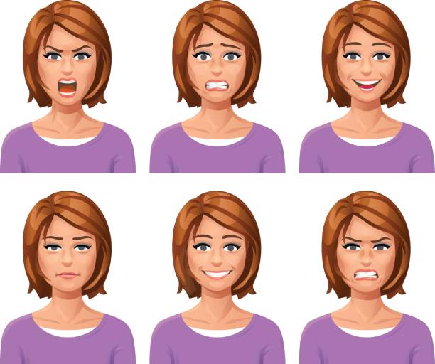 Vector illustration of a young red-haired woman, with six different facial expressions: laughing, smiling, angry, furious, anxious and neutral.
