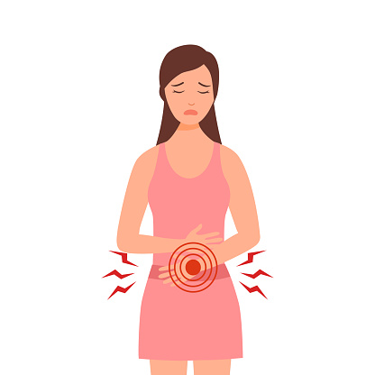 Woman feel pain in stomach concept vector illustration on white background. Diarrhea or constipation. Abdomen disease and illness. Period pain in flat design.