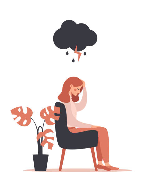 woman feels headache and depression sitting under rainy and stormy cloud. woman feels headache and depression sitting under rainy and stormy cloud. Vector illustration isolated from white background depression sadness stock illustrations