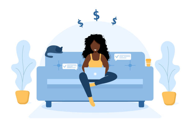 Woman freelance. Girl with laptop sitting on the sofa. Concept illustration for working, online education, work from home, healthy lifestyle. Vector illustration in flat style. Woman freelance. Girl with laptop sitting on the sofa. Concept illustration for working, online education, work from home, healthy lifestyle. Vector illustration in flat style online shopping stock illustrations