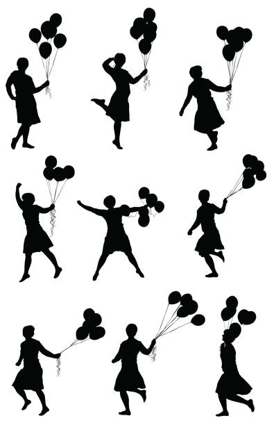 Woman frolicking around with balloons Woman frolicking around with balloonshttp://www.twodozendesign.info/i/1.png balloon silhouettes stock illustrations