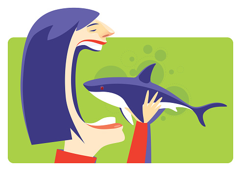 woman going to eat shark