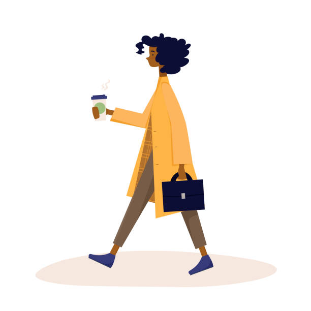 kobieta idąca do pracy z kawą na wynos - curley cup stock illustrations