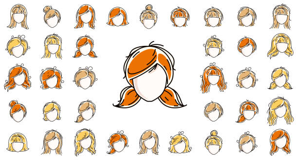 Woman hairstyles heads vector illustrations set isolated on white background, girl attractive beautiful haircuts collection, different hair color. vector art illustration