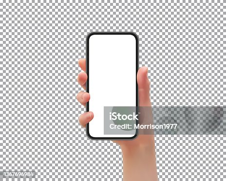 istock Woman hand holding the smartphone with blank screen, on transparent background, vector illustration 1367696984