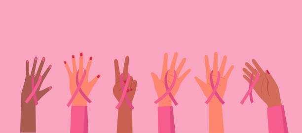 유방암 인식을 지원하기 위해 분홍색 리본을 들고 있는 여성의 손 - breast cancer stock illustrations