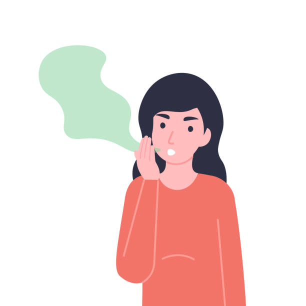 woman has bad smell in her mouth Woman has bad smell in her mouth. Halitosis or fetor oris problem. Flat vector cartoon modern illustration. bad breath stock illustrations