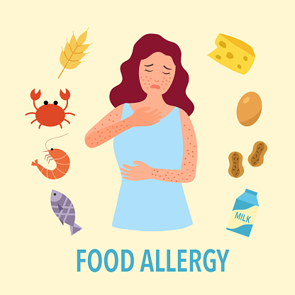 Woman having food allergy symptom to products like seafood, gluten, egg, peanut and milk in flat design. Female got red spots on her skin.