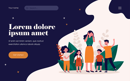 Woman having headache and surrounded by angry children. Teacher, mom, noise flat vector illustration. Behavior and childhood concept for banner, website design or landing web page
