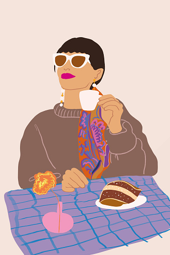 Woman having Italian breakfast, sitting by the table with checkered cloth. Vector illustration