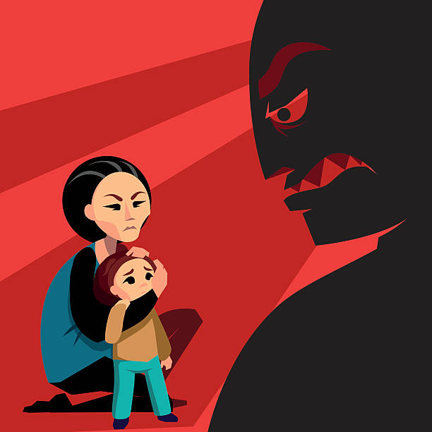 Woman hides the child from male silhouette Woman hides the child from agressive male silhouette divorce silhouettes stock illustrations
