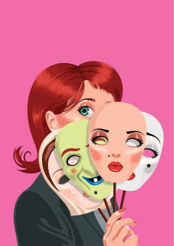 Business woman hiding behind various masks. The masks represent the various archetypes like the virgin Mary, witch, Pierrot, and her own face. vector