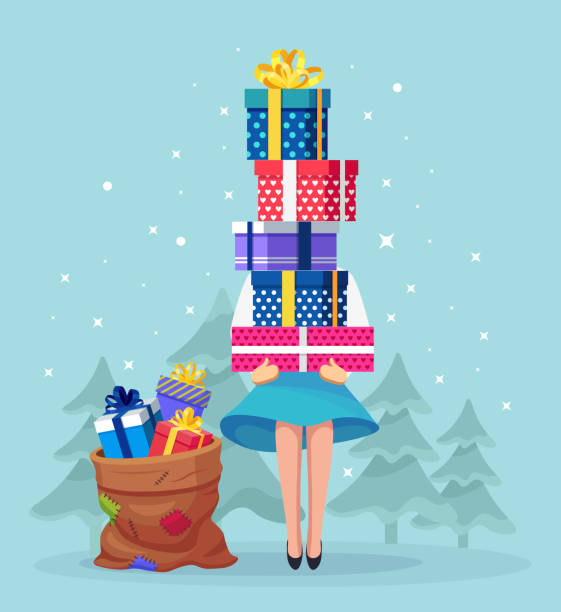 ilustrações de stock, clip art, desenhos animados e ícones de woman hold pile, stack of colorfull wrapped gift boxes, sack of presents with ribbon, bow. surprise for holiday. merry christmas, new year, happy birthday concept. xmas sale. vector cartoon design - woman holding a christmas gift