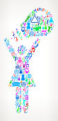 Woman Holding a Light Bulb Music and Musical Celebration Vector Icon Background. This vector illustration features the main composition composed of music and musical instrument icons on gradient background. The vector icons vary in size and color and are the main focus of this illustration. The background is light with a slight gradient. A seamless pattern is formed by the vector music instruments and fun music themed illustrated icons. This image is ideal for Music business and fun party concepts. Each icon is detailed and can be used independently.