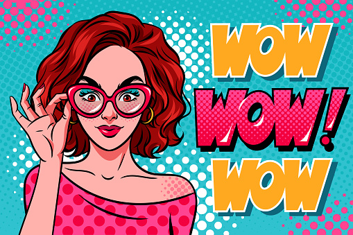 Woman holding glasses and wow! in pop art comic style.