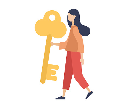 Woman holding golden key. Key businesswoman. Business concept. Vector flat illustration
