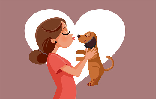 Woman Holding Her Pet Puppy Dog Vector Cartoon Illustration