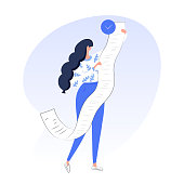 Woman holding long read,  tax document, long bill, task, check, receipt or to do list with done check mark. Trendy modern vector illustration on white background.