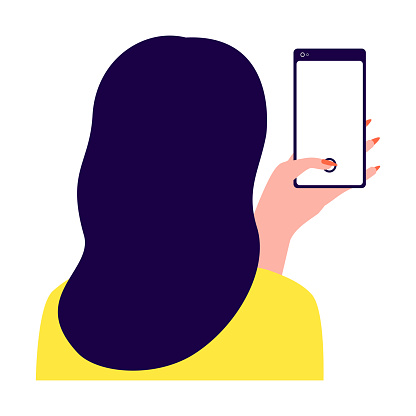 akilli telefonu tutan kadin arka gorus fotograf ceken kiz selfie telefonda fotograf li kiz telefon internet kullanicisi beyaz arka planda vektor cizimi stok vektor sanati akilli telefon nin daha fazla gorseli
