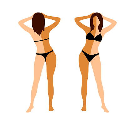 Woman in a black bikini in full height with a half tanned body before and after instant tan on a white background