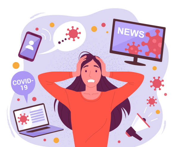 Woman in a panic from a coronavirus. Vector illustration of a young attractive stressful woman surrounded by social media devices with virus information. Isolated on background emotional stress stock illustrations