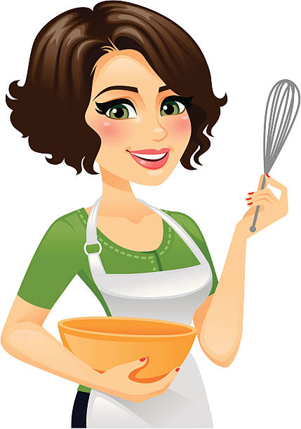 Woman In Apron Cooking A cute woman holding a whisk and a bowl and wearing an Apron. Apron and whisk separately removable in Ai heyheydesigns stock illustrations