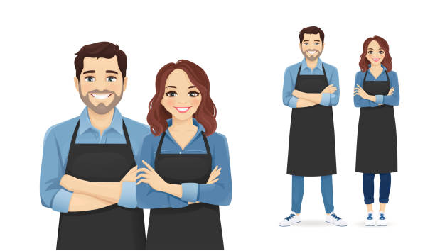 Woman in apron Smiling young man and woman in black aprons standing isolated vector illustration chef apron stock illustrations