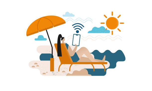 A woman in bathing suits lying on the sun chair with a smartphone. Being mobile on the beach concept. Sun umbrella for protection from the sun. Abstract summer beach and sea banner vector. vector art illustration