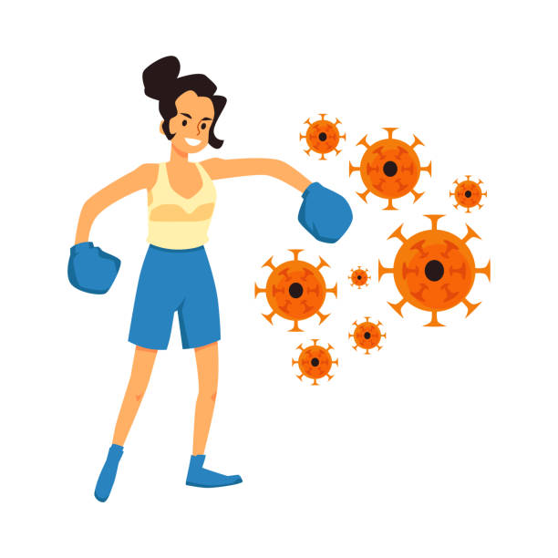 ilustrações de stock, clip art, desenhos animados e ícones de woman in box gloves fighting with viruses,flat vector illustration isolated. - boosting