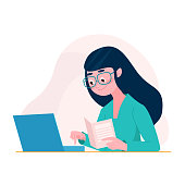 Woman in cartoon flat style sit at the table with document using computer, laptop. Freelancer woman concept. Female student studying. Vector illustration