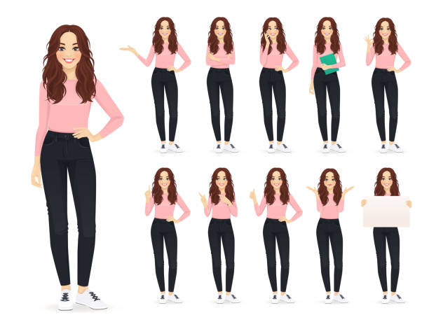 Woman in casual style clothes set Young woman with long hair in casual style clothes set different gestures isolated vector iilustration group of objects stock illustrations