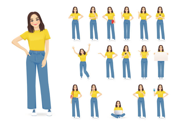 Woman in casual style clothes set vector art illustration